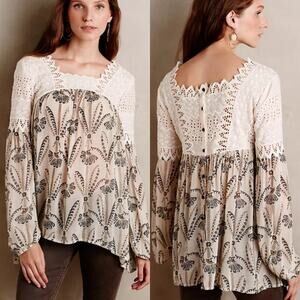 Anthropologie Floreat Cantana Lace Peasant Blouse 4 Cream Black Floral Boho Top